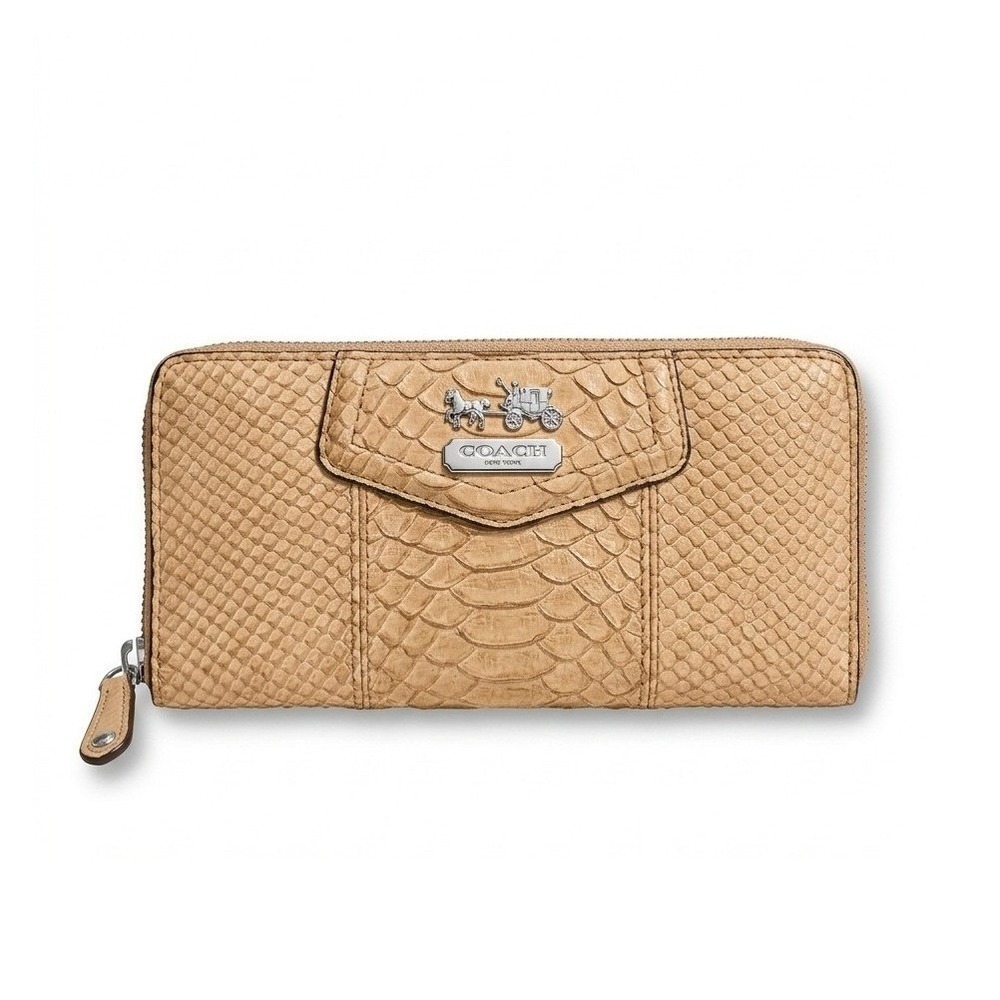 COACH Python Embossed Leather Zip Around Wallet Horse Carriage Logo Tan Beige